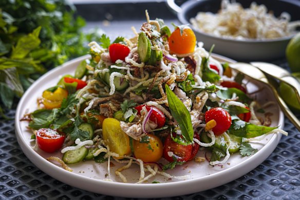 Vietnamese tomato salad with poached chicken and crispy vermicelli.