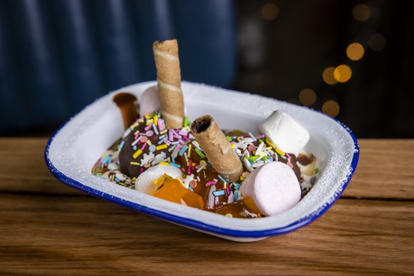 BrewDog’s ice-cream sundae with Ice Magic sauce, marshmallow, jelly, choc wafer and unicorn sprinkles.