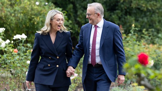 Jodie Haydon and Prime Minister Anthony Albanese after telling the media of their engagement at The Lodge on Thursday. 