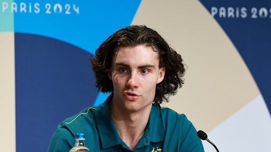 Australian basketballer Josh Giddey speaks at a press conference on Monday in Paris. 