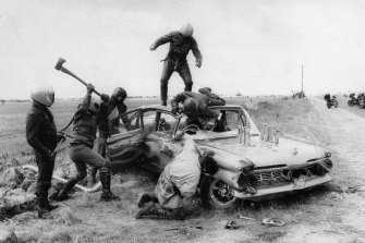 The Toecutter's gang attack in a scene from the 1979 film Mad Max, which was banned in New Zealand and Sweden.