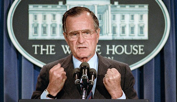 US President George H. W. Bush used a June 5, 1989 press conference to condemn the Chinese crackdown on pro-democracy demonstrators in Beijing's Tiananmen Square.