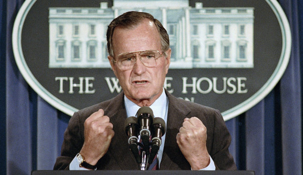 US President George H. W. Bush used a June 5, 1989 press conference to condemn the Chinese crackdown on pro-democracy demonstrators in Beijing's Tiananmen Square.