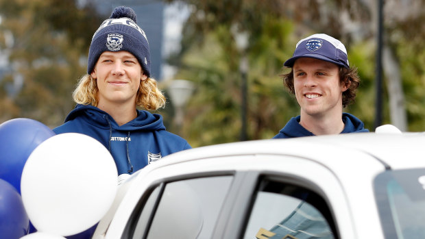 Sam De Koning and Max Holmes during the grand final parade.