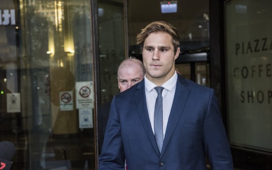 Jack de Belin leaves court after he was found not guilty of one charge.