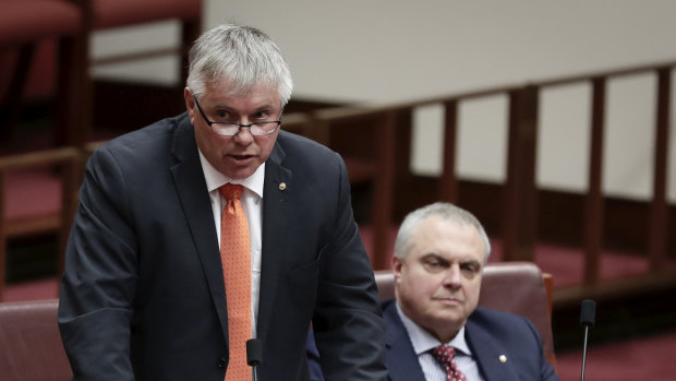 Senator Rex Patrick (speaking), pictured with fellow Centre Alliance senator, Stirling Griff.