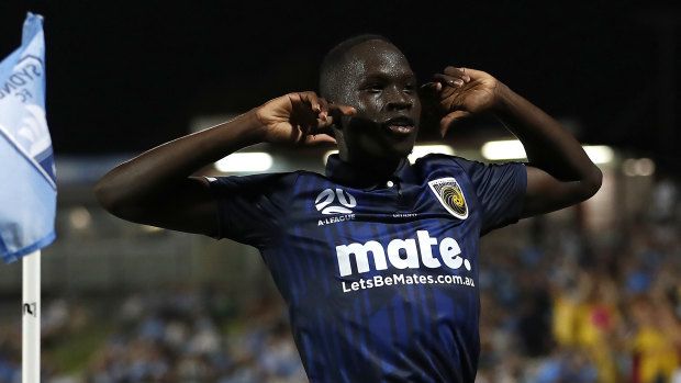 Alou Kuol netted the second goal in the Mariners’ shock 2-0 win over Sydney FC last weekend.