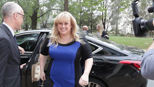 Rebel Wilson arrives at the High Court of Australia in Canberra on Friday.