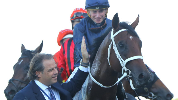 Coolmore boss Tom Magnier leads   Ryan Moore back on Shinzo after winning the Golden Slipper last year.