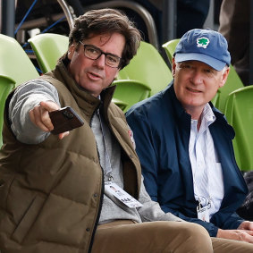 AFL chief executive Gillon McLachlan and commission chairman Richard Goyder at the North Melbourne-Brisbane match on Saturday.