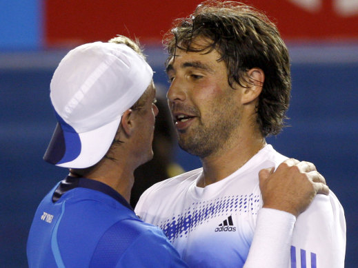 Hewitt and Baghdatis embrace after their 2008 marathon match.
