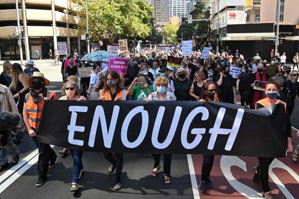 Women marching at the front of the protest. 