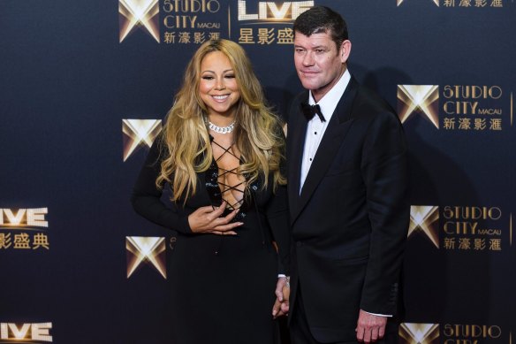 Packer with his then-fiancee Mariah Carey at the opening of the Melco Crown's Studio City complex in Macau. 