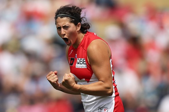 Rebecca Privitelli celebrates a goal for the Swans.