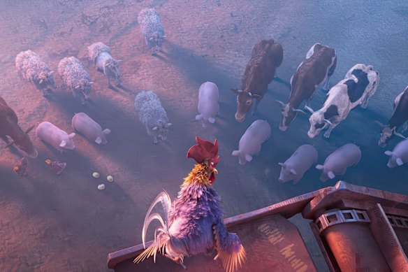 Randolph the Rooster (voiced by Andy Serkis) addresses the farmyard animals. 