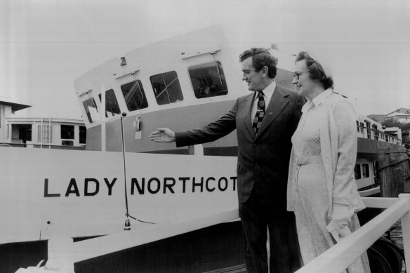 Transport Minister Wal Fife, left, and Elizabeth Nash, daughter of the late NSW Governor Sir John Northcott, at the christening of the Lady Northcott ferry in 1975. 
