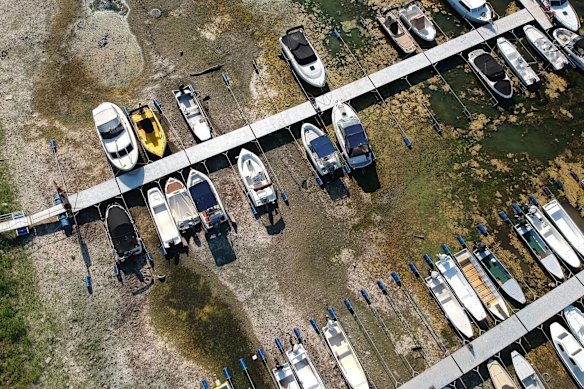 Beached: Leisure boats lie on the exposed river bed caused by falling water levels in Novi Sad, Serbia.