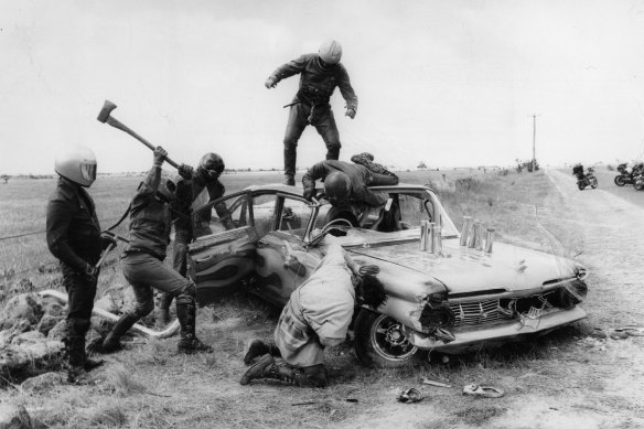 The Toecutter's gang attack in a scene from the 1979 film Mad Max, which was banned in New Zealand and Sweden.