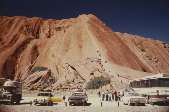 The Chamberlains' yellow Torana at the base of Uluru on August 17, 1980.