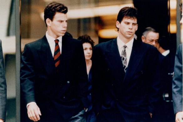 Erik (then 19) and Kyle (22) Menendez leave their parents’ memorial service in 1989, six months before they were charged with their murders.