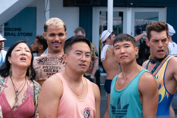 Same-sex romcom Fire Island, starring (from left) Margaret Cho, Tomas Matos, Bowen Yang, Joel Kim Booster and Matt Rogers, updated the genre once again. 