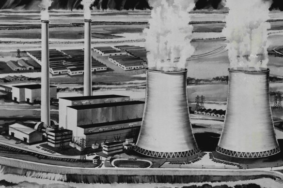 An artist’s impression of the Yallourn “W” Power Station, which the State Electricity Commission of Victoria built in 1974.
