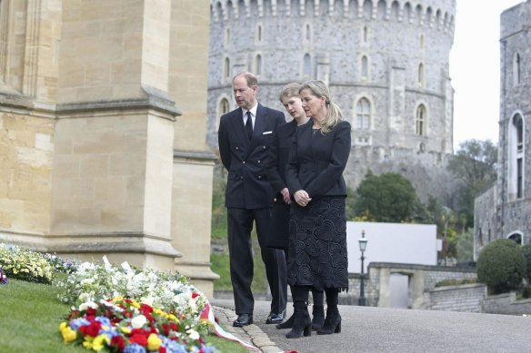 Prince Edward, Lady Louise Windsor and Sophie Countess of Wessex, before the funeral service of Prince Philip.