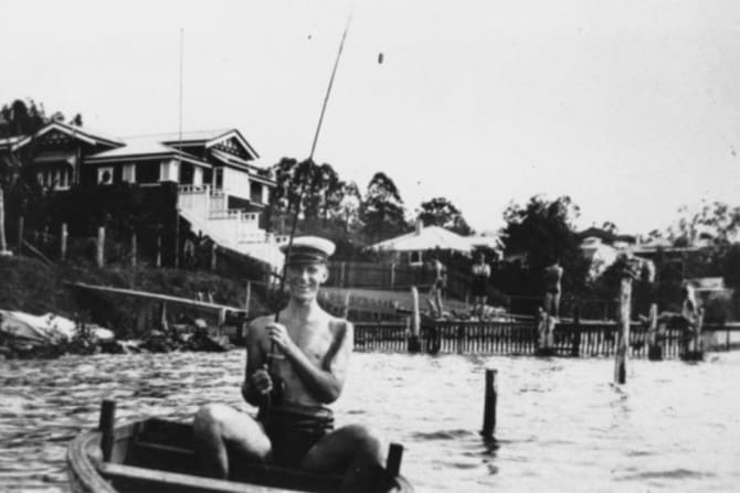 Fishing for dinner in the Brisbane River at Norman Park c. 1934.