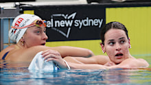 Kaylee McKeown and Hannah Fredericks after competing in the women's 200m backstroke final.