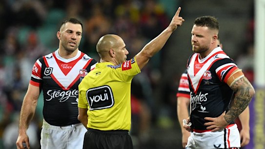 Nathan Brown is sent from the field 30 seconds after coming on as an interchange player.