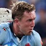 SYDNEY, AUSTRALIA - MAY 22: Harry Potter of the Waratahs is tackled during the round 11 Super Rugby match between NSW Waratahs and ACT Brumbies at Allianz Stadium, on May 22, 2026, in Sydney, Australia. (Photo by Cameron Spencer/Getty Images)