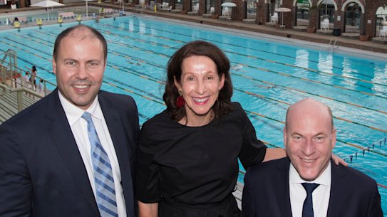 Treasurer Josh Frydenberg, North Sydney mayor Jilly Gibson and North Shore federal MP Trent Zimmerman at North Sydney Pool in 2019.