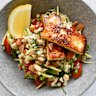 Simple ingredients star in this salad, which tops pearl cous cous, zucchini and almonds with halloumi.