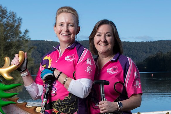 Fiona Dews (at left) and Rose Glassock at the Sydney International Regatta Centre in Penrith, NSW. After surviving breast cancer “the dragon boats brought us together”, says Dews.