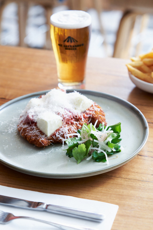 The free-range chicken parma at the Mt Alexander Hotel.