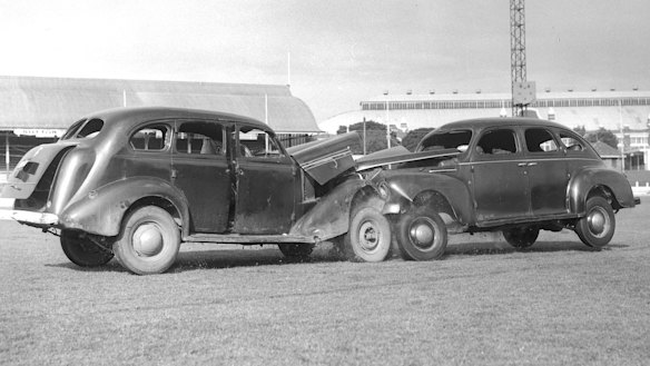 Metal juggernauts: Demonstrating the benefits of wearing safety belts in a car crash, 1963.