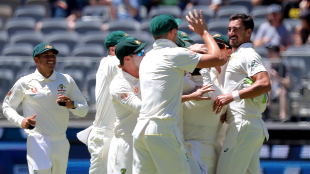 Different test: Mitchell Starc is mobbed after capturing the wicket of Hanuma Vihari in Perth. The deck in Melbourne is not expected to provide as much assistance.
