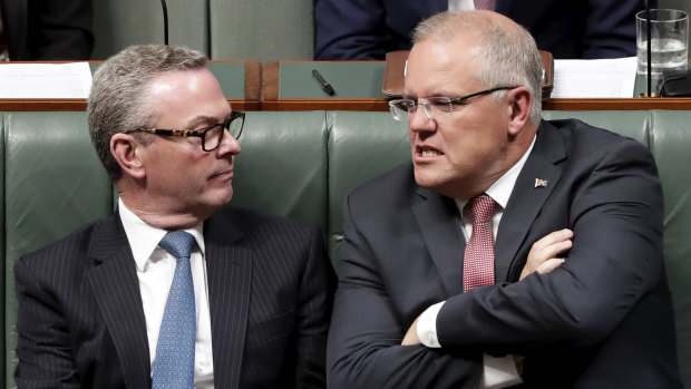Minister for Defence Christopher Pyne and Prime Minister Scott Morrison during question time last month.