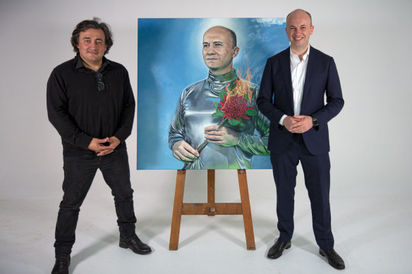 Artist Charles Mouyat with NSW Minister Matt Kean, who is the subject of his entry for the Archibald Prize.