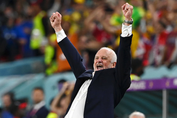 Glorious moment: Socceroos coach Graham Arnold celebrates at the final whistle.