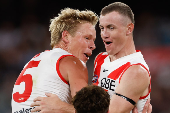 Chad Warner of the Swans celebrates a goal with teammate Isaac Heeney.
