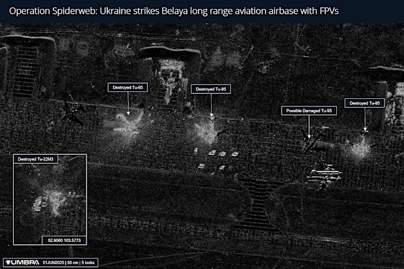 Satellite image analysis showed destroyed and damaged aircraft at Belaya air base in Russia.