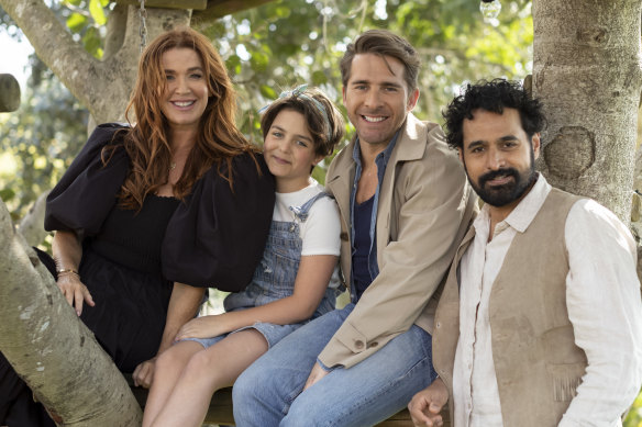 Poppy Montgomery, Asmara Feik, Hugh Sheridan and Nicholas Brown in the Yuletide confection Christmas on the Farm.