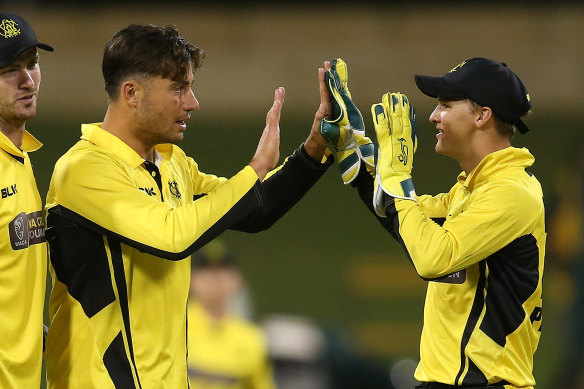 Marcus Stoinis and Josh Philippe celebrate the wicket of  Will Sutherland.