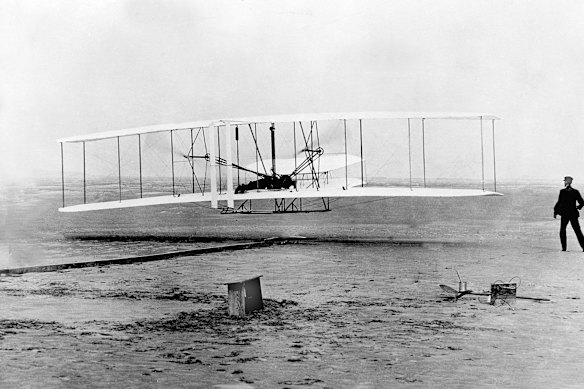 The first flight of the Wright brothers’ aircraft, Kitty Hawk, in 1903, North Carolina.