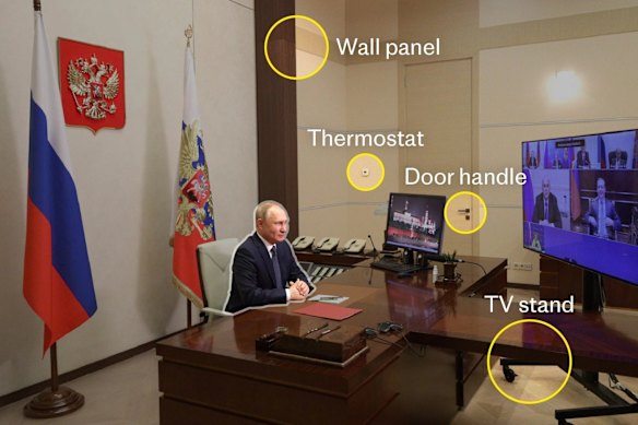 Spot the difference: Analysts pored over the decor of Putin’s offices to shed light on the Russian leader’s movements.