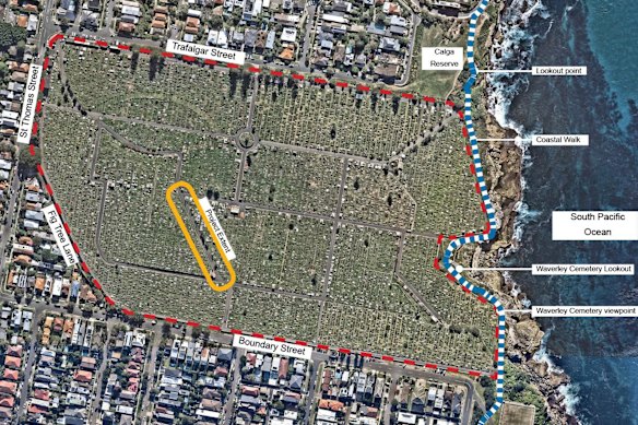 The proposed memorial walls would be installed along Quinn Road within the cemetery.