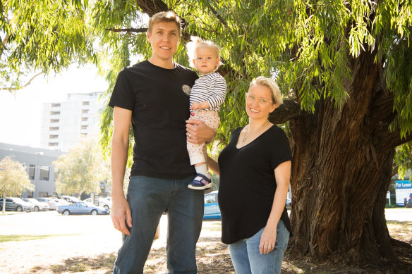 Brodie Mattner, right, with her partner Leath and daughter Marlita. Brodie is due to give birth in June, during what is likely to be the height of the coronavirus crisis. 