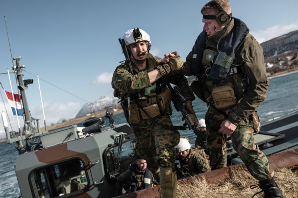 A Dutch and a US marine during the Exercise Cold Response in Norway in March.