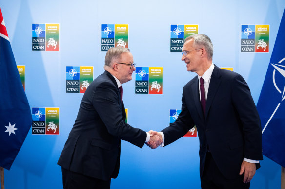 Australian prime minster Anthony Albanese meets with NATO sectretary-general Jens Stoltenberg. 